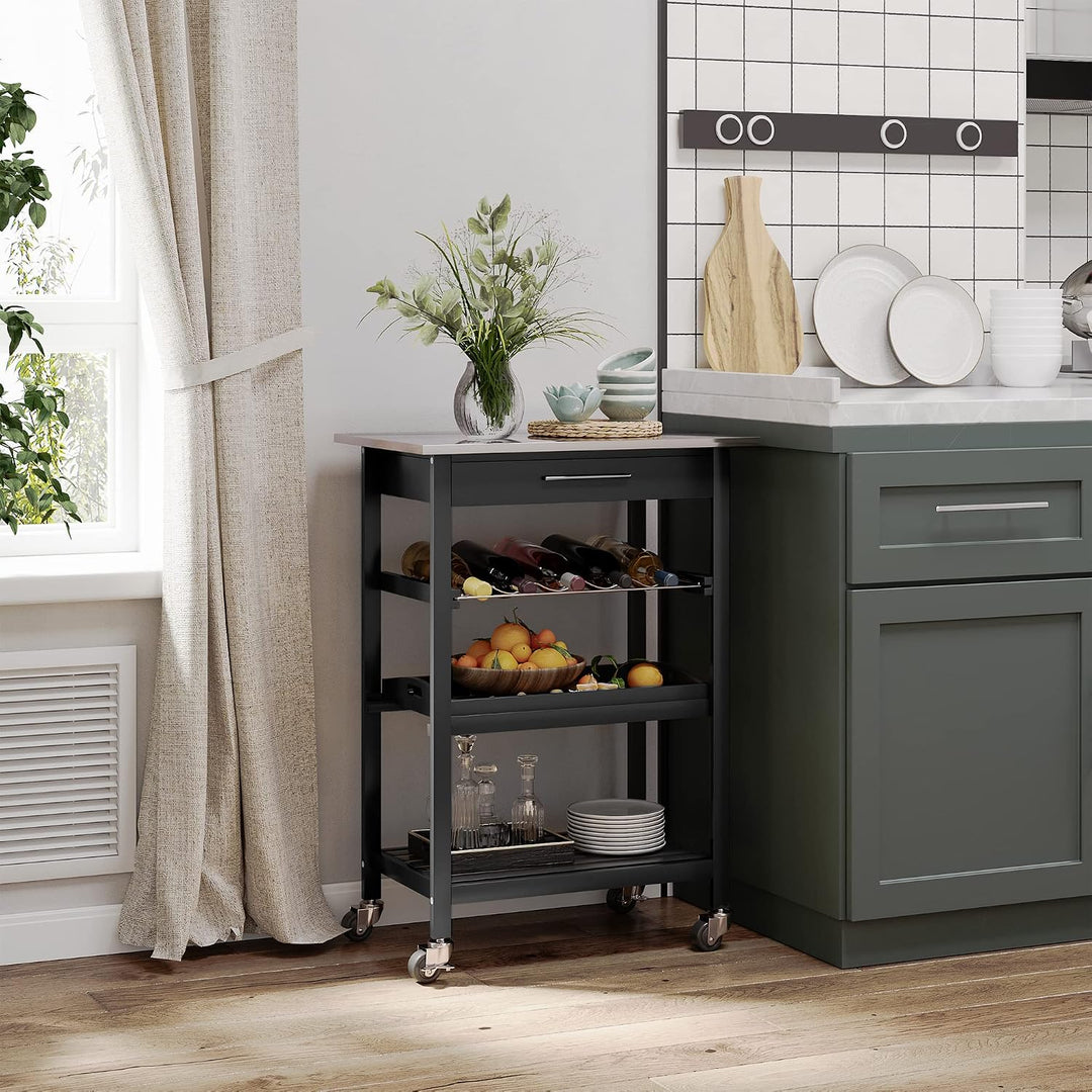 HOMCOM Servierwagen Küchenwagen Rolltisch mit Flaschenregal 60L x 40l x 85H cm Edelstahlplatte. Schw