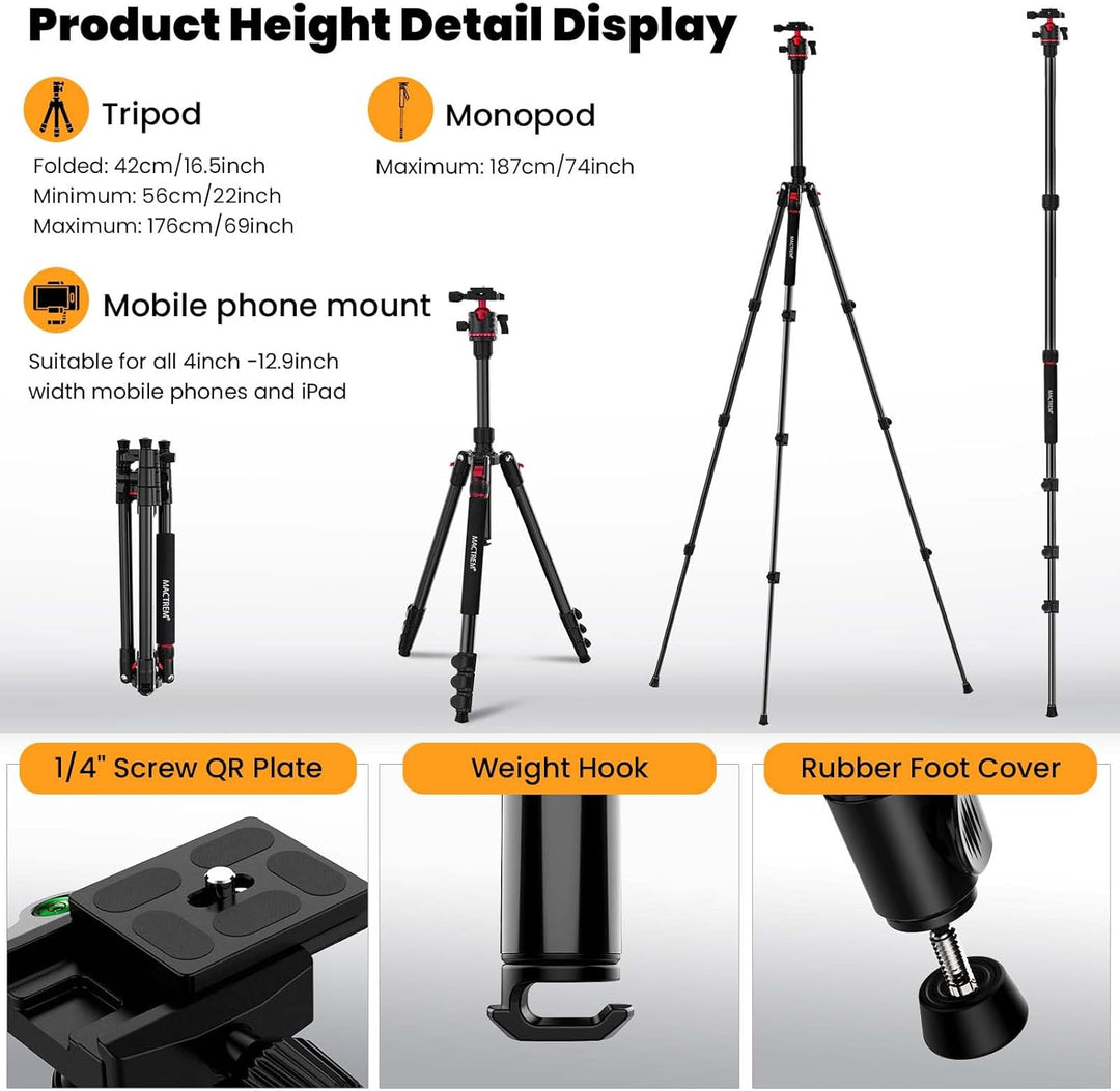 MACTREM Kamerastativ, 74 Zoll/187cm Aluminium Reisestativ & Einbeinstativ mit 360°Kugelkopf, leichte