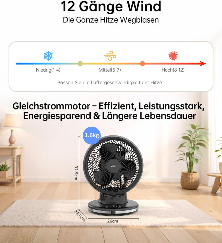 WIE 28dB Leiser Tischventilator, 4 Modi 12-Geschwindigkeit, 90°+90° Oszillation Ventilator, Luftzirk