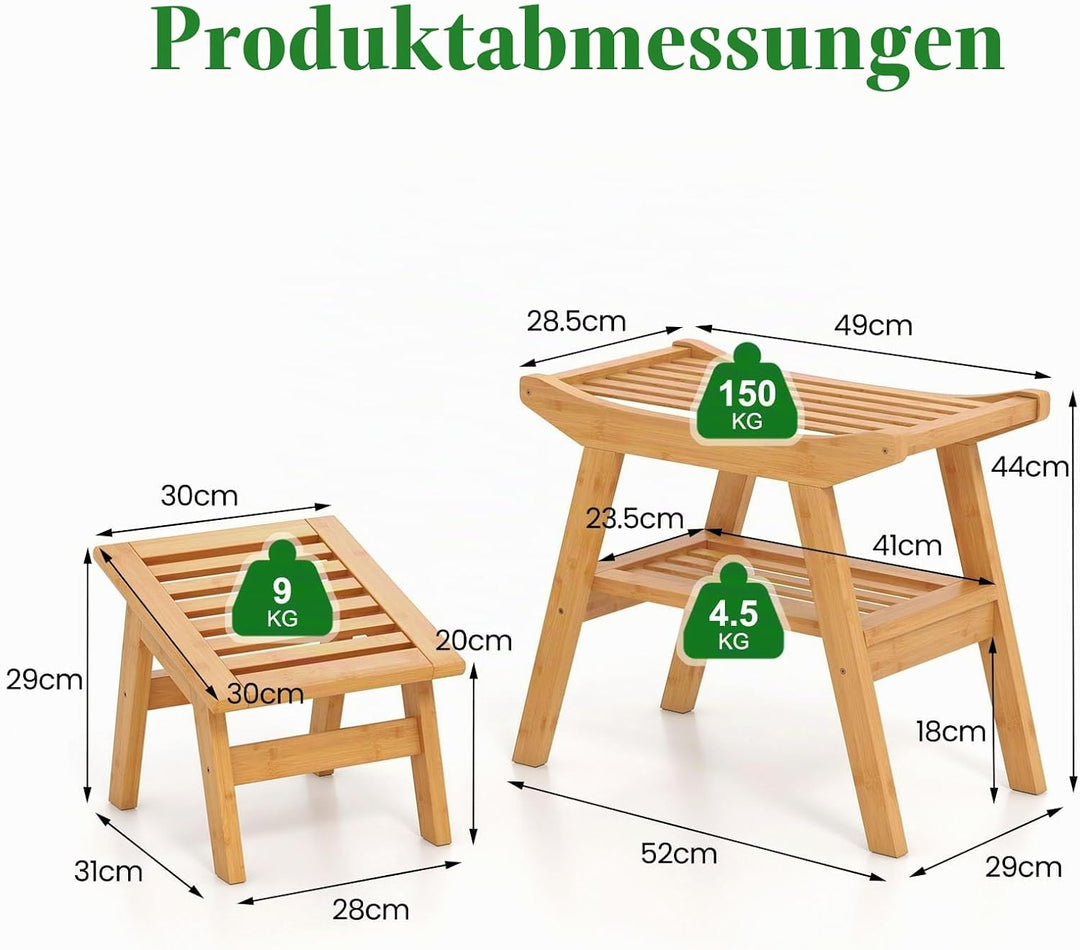Homasis Duschbank-Set aus Bambus mit Aufbewahrungsregal, Bad-Duschhocker mit rutschfesten Füssen, Tr