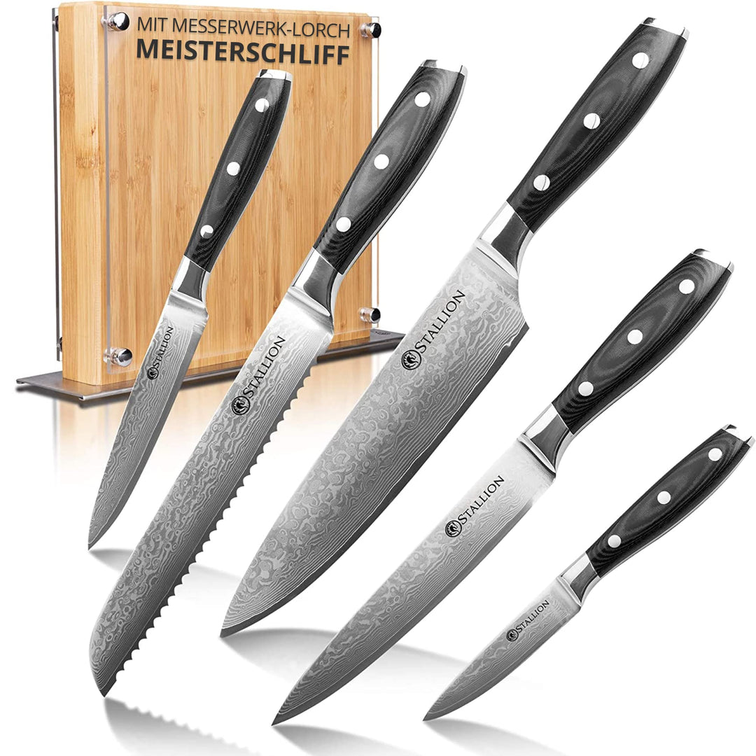 Stallion Damastmesser Wave Messerset - Messer aus Damaststahl mit Messerblock - mit MEISTERSCHLIFF M