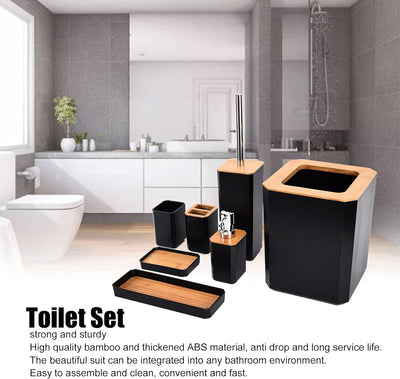 7 Stück Badezimmer Zubehör Set, Bambus Toilettenzubehör Set Seifenspender Set,mit Lotionspender,Müll