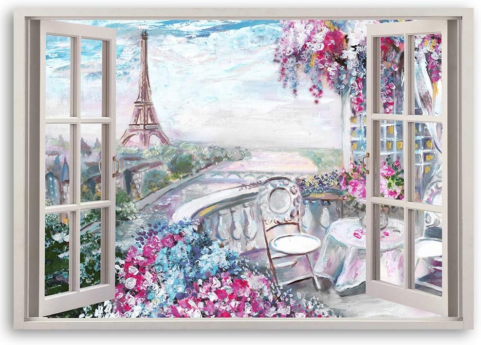 Leinwandbild XXL Paris Wandbild Kunst Fenster-Illusion Rosa 120x80 cm Leinwandbild 120x80 cm Rosa_b,