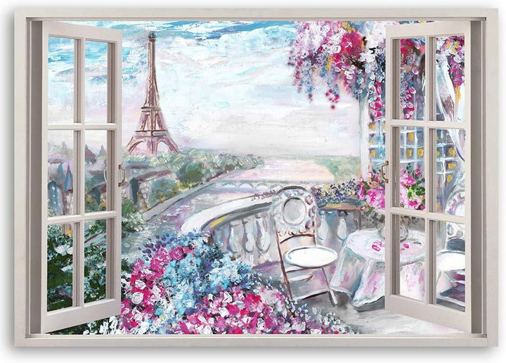 Leinwandbild XXL Paris Wandbild Kunst Fenster-Illusion Rosa 120x80 cm Leinwandbild 120x80 cm Rosa_b,