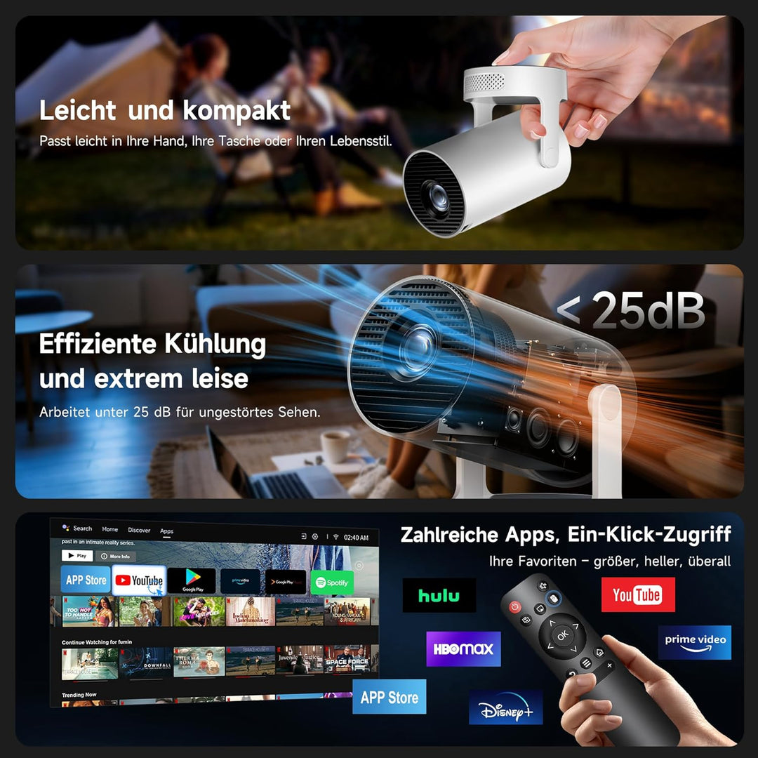 Mini Beamer, Philoent Smart Projektor 4K/1080P Unterstützt Neueste Apps WiFi 6 Bluetooth 5.4 Auto Sc