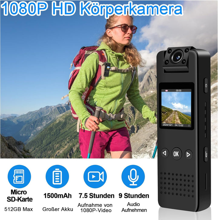 Mini Kamera, 1080P HD & 120° Weitwinkel Bodycam mit 180° Drehbarem Objektiv, Automatische Nachtsicht