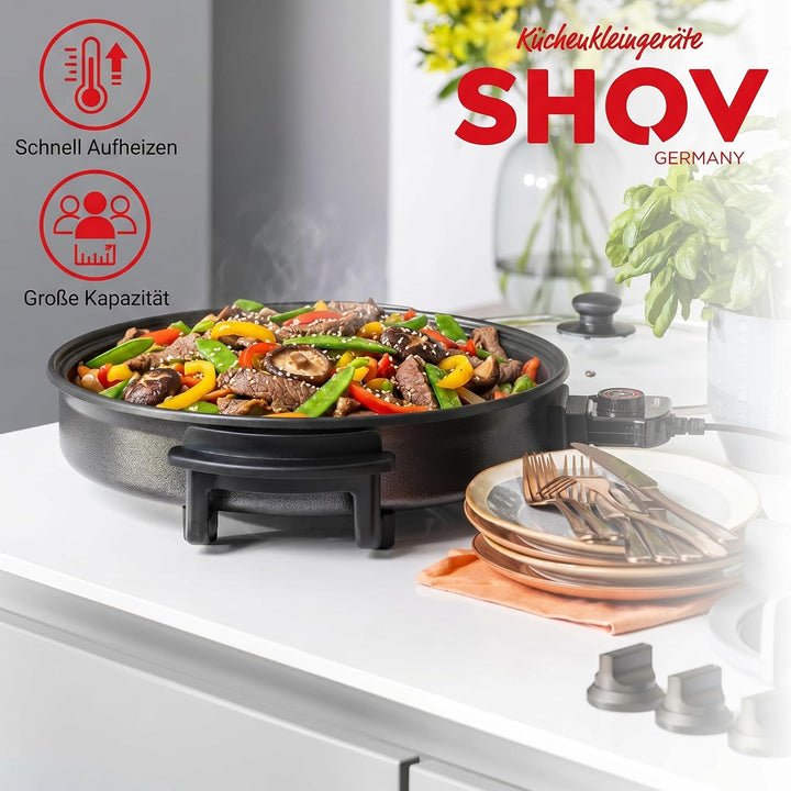 Shov Elektrische Pizzapfanne & Multibräter XL – 48cm Durchmesser, 7cm Tiefe | Partypfanne mit Antiha