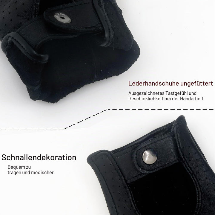 ZLUXURQ Herren-Lederhandschuhe Vollmaschige Fingerlose Halbfinger-Fahrhandschuhe Small-8.5" Schwarz,