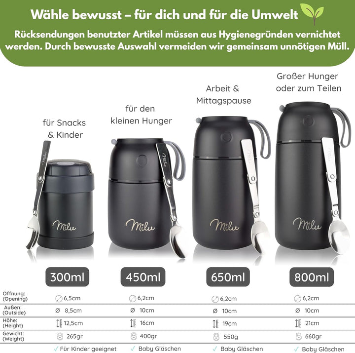 Milu® Thermobehälter 450, 650ml, 800ml | Edelstahl Warmhaltebehälter | Essensbehälter | Speisegefäss