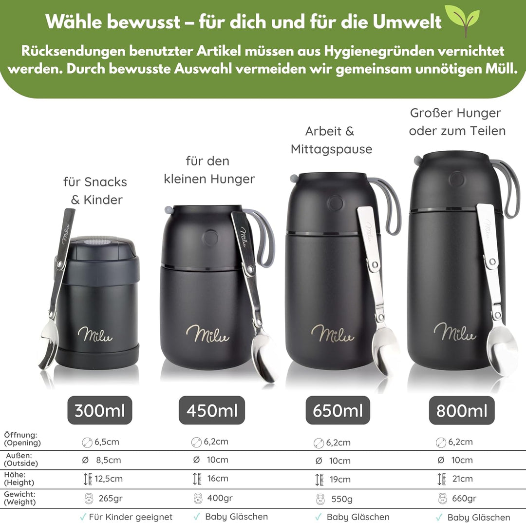 Milu® Thermobehälter 450, 650ml | Edelstahl Warmhaltebehälter | Essensbehälter | Speisegefäss Babyna