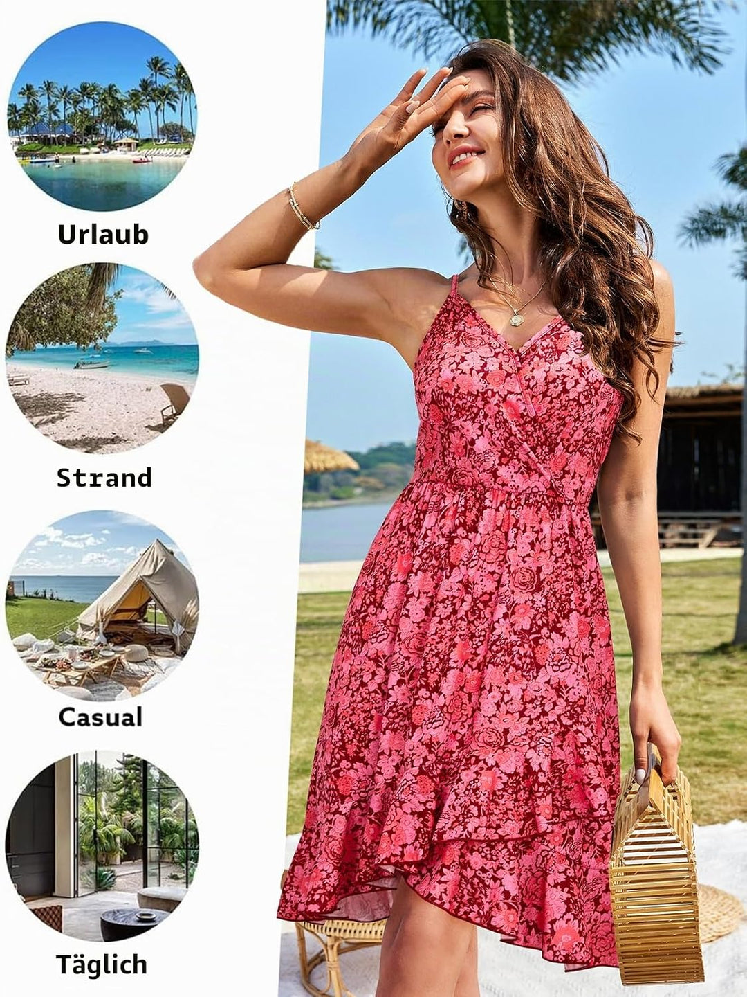 ULTRANICE Damen Sommerkleider Blumenmuster Kleid V-Ausschnitt Strandkleid Verstellbaren Spaghettiträ