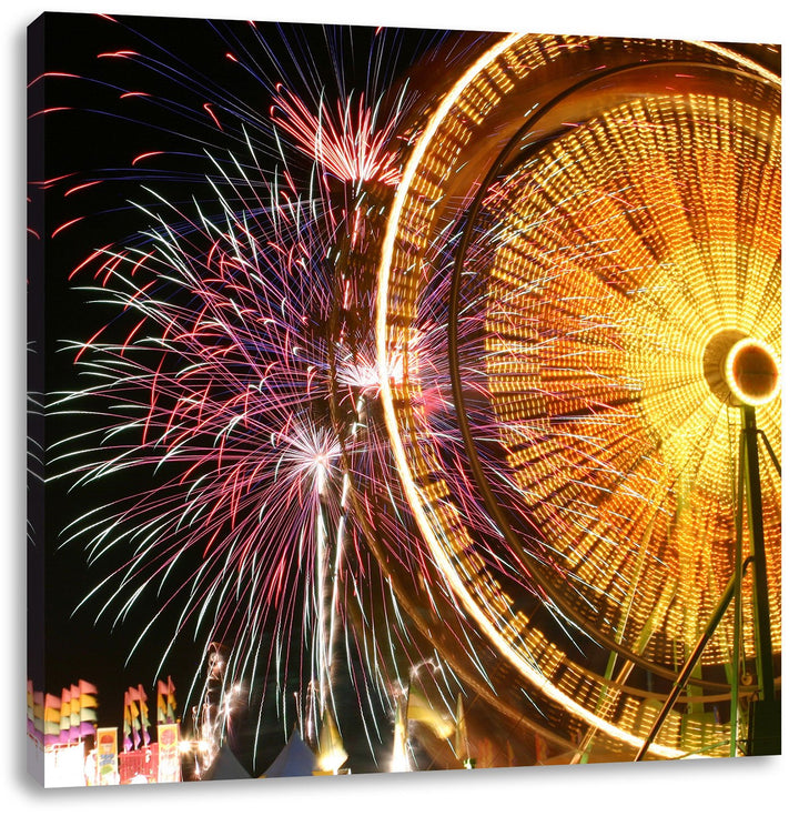 Jahrmarkt mit Feuerwerk, Format: 70x70 auf Leinwand, XXL riesige Bilder fertig gerahmt mit Keilrahme