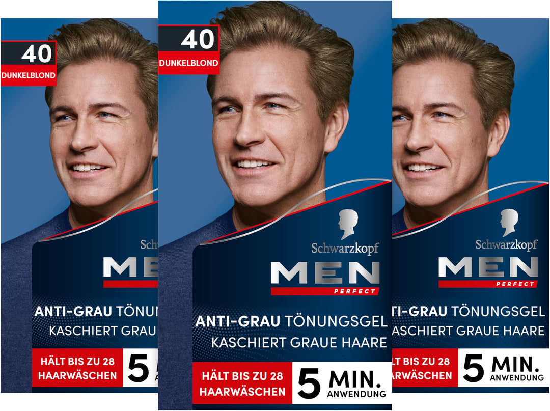 Schwarzkopf Men Perfect Anti-Grau Tönungs-Gel 40 Dunkelblond (80 ml), Haarfarbe für Männer blendet g