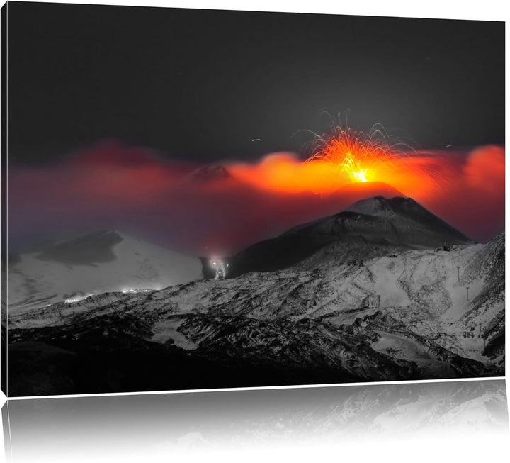 atemberaubender Vulkanausbruch schwarz/weiss Format: 100x70 auf Leinwand, XXL riesige Bilder fertig