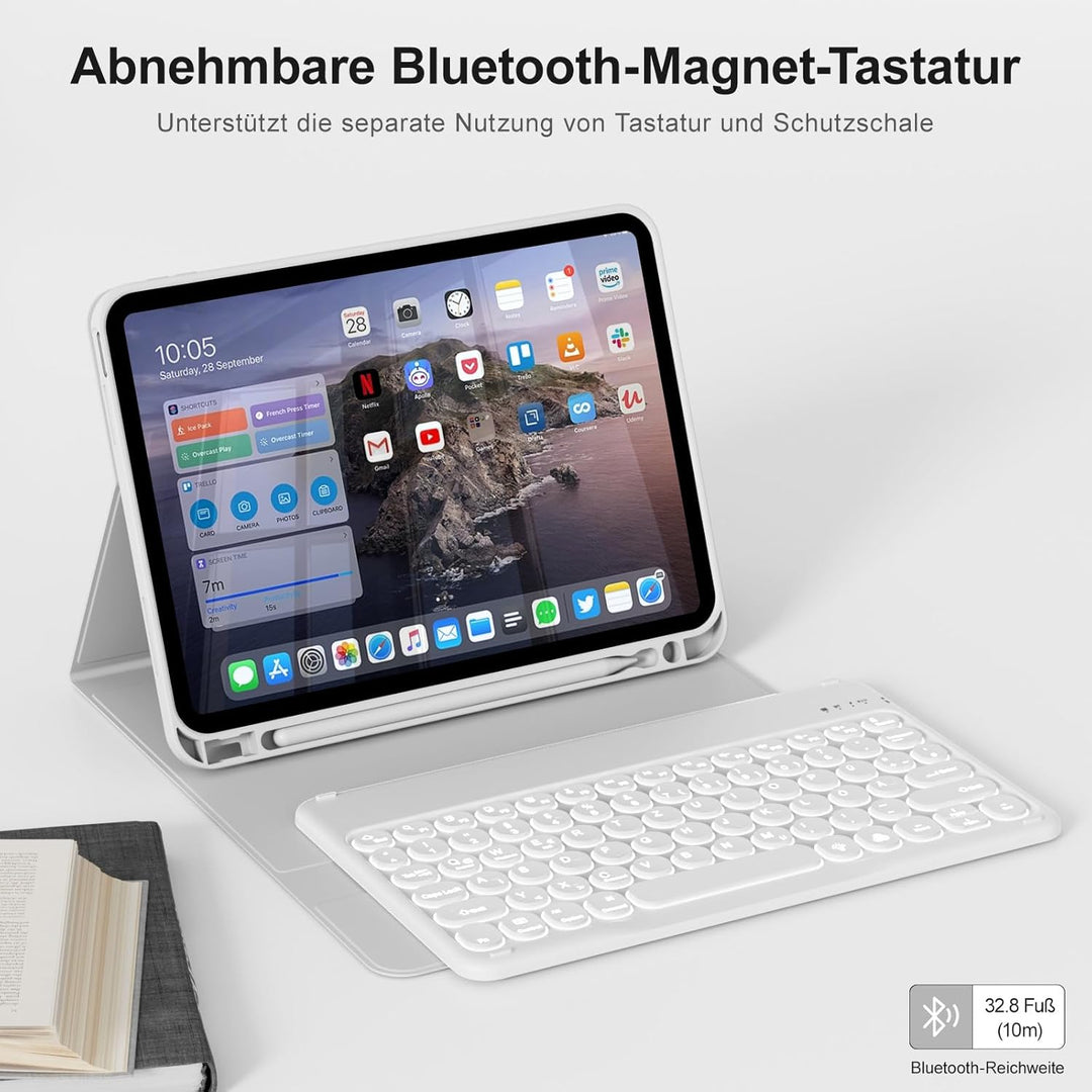 Hülle mit Tastatur für iPad A16 11/10 Generation (2025/2022, 11/10.9 Zoll), 7 Farben Beleuchtete Abn