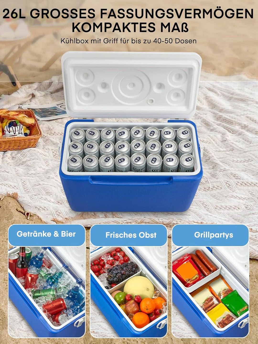Kühlbox 26L ohne Strom mit Schale & Ablassventil, tragbare isolierte Thermobox mit Griff, hochwertig