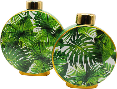 Hochwertige runde Keramik Vase mit goldenem Deckel, grüne Blätter und goldenen Akzenten, Grösse: H/Ø