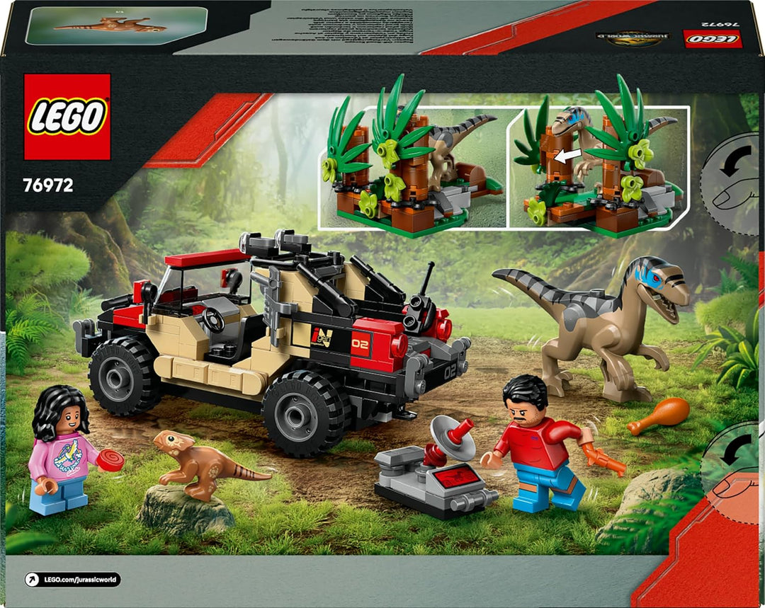 LEGO Jurassic World Raptor: Verfolgungsjagd mit dem Geländewagen – 2 Dinosaurier Figuren, Auto, 2 Mi