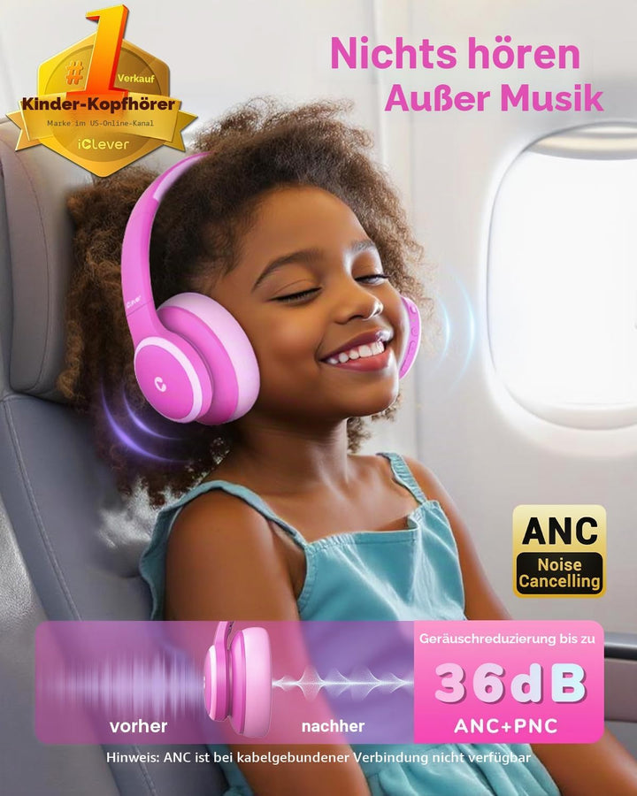 iClever Noise Cancelling Bluetooth Kopfhörer Kinder, 60 Spielzeit, Sichere Lautstärke 80 dBA, Typ-C-