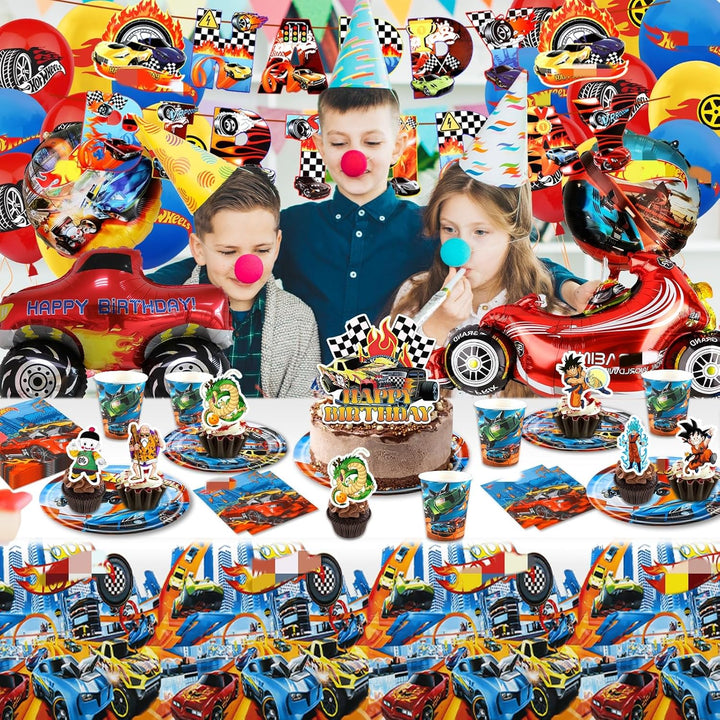 Geburtstag Party Deko Geschirr Ballons Rennauto- 99Pcs Car Luftballons Pappteller Tischdecke Banner