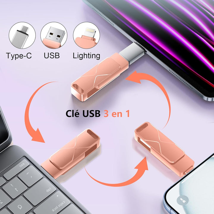 USB-Stick für iPhone 512GB, MFi Certified Lightning 3-in-1, externer Speicher, USB-Stick, für iPhone