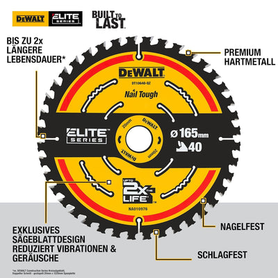 Dewalt Elite Kreissägeblatt DT10640 (Sägeblatt-ø 165/20 mm, Schnittbreite: 1,65 mm, 40 Zähne, Zahnge