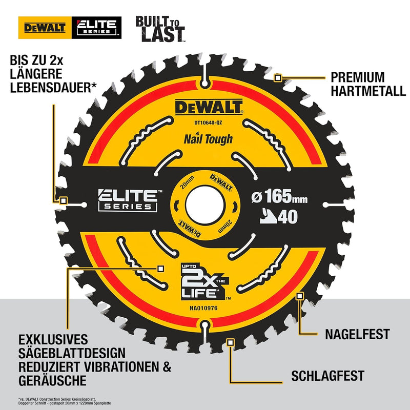 Dewalt Elite Kreissägeblatt DT10640 (Sägeblatt-ø 165/20 mm, Schnittbreite: 1,65 mm, 40 Zähne, Zahnge