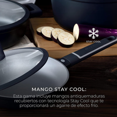 MasterPRO Indigo | Wok mit 28 cm Durchmesser, 8 cm Höhe und Deckel | Aluminiumguss | Maximale Antiha