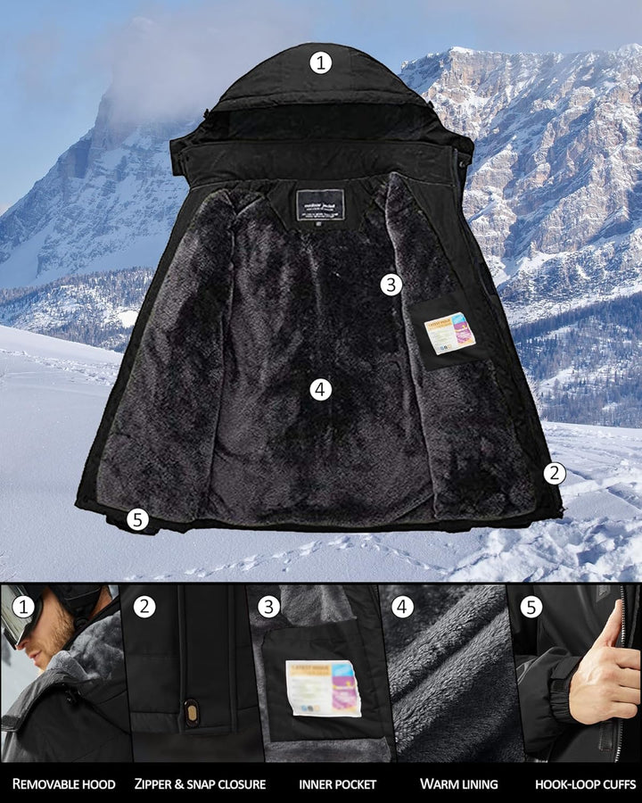 KEFITEVD Herren Winter Wasserabweisende Skijacke Fleece Gefüttert Arbeitsjacke mit Abnehmbarer Kapuz