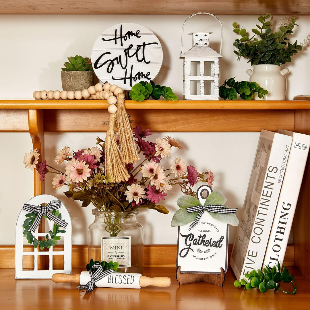 Houmury Set mit 15 abgestuften Tabletts mit 1 Laterne, künstliche Pflanze und Schneidebrett, Schild