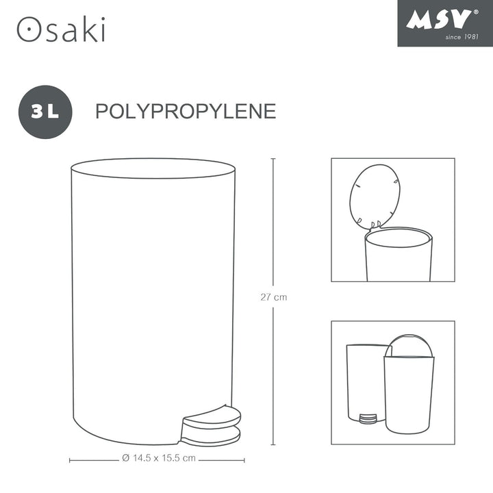 MSV Kosmetikeimer Osaki Mülleimer Treteimer Abfalleimer - 3 Liter – mit herausnehmbaren Inneneimer -