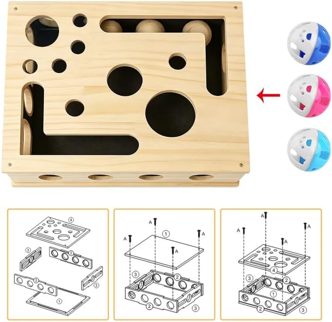 Kratzpuzzle Spielbox Holz: 30 x 25 cm Beschäftigungsbox Krallenfeile Katzen mit mattierten Aufkleber