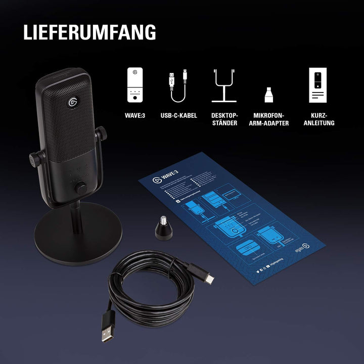 Elgato Wave:3 - Professionelles USB-Kondensatormikrofon für Streaming, Podcasts, Gaming und Homeoffi