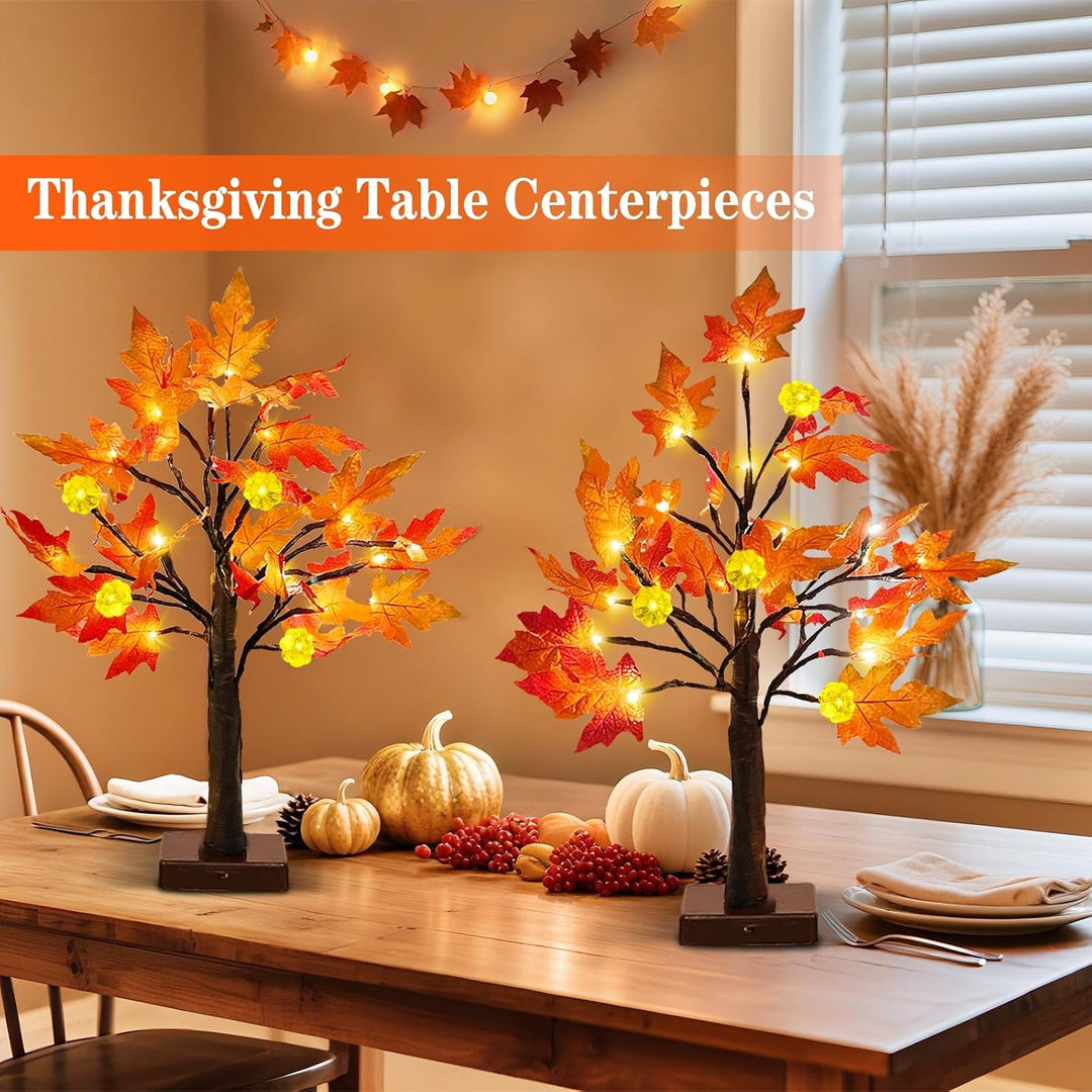 TURNMEON [ 2 Pack &amp; Timer 24 Inch Lighted Maple Tree Fall Decor, Total 48 LED Battery Operated Table