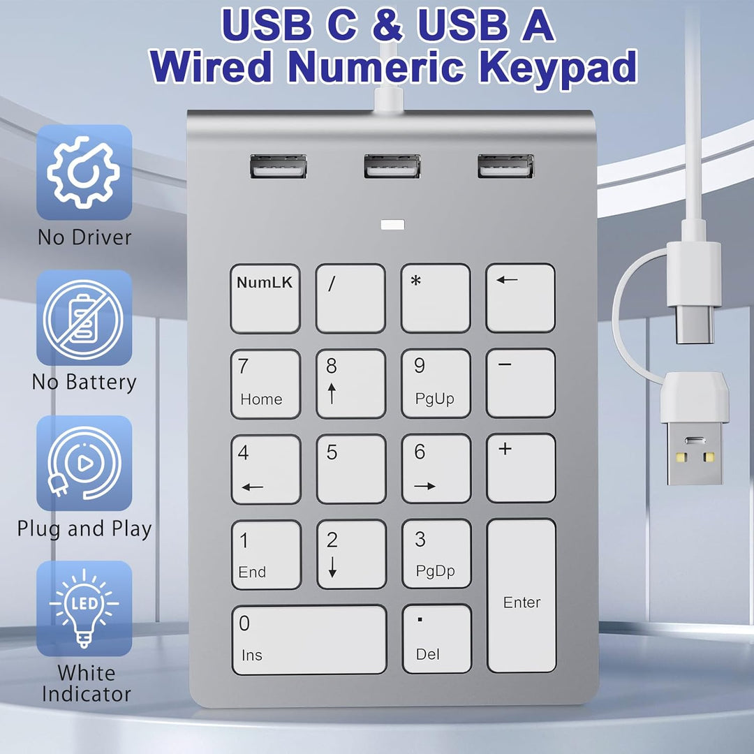 USB C/USB A Numeric Keypad Wired, Ziffernblock Ergonomischer Mini Nummernblock mit 3 USB 2.0 Ports,