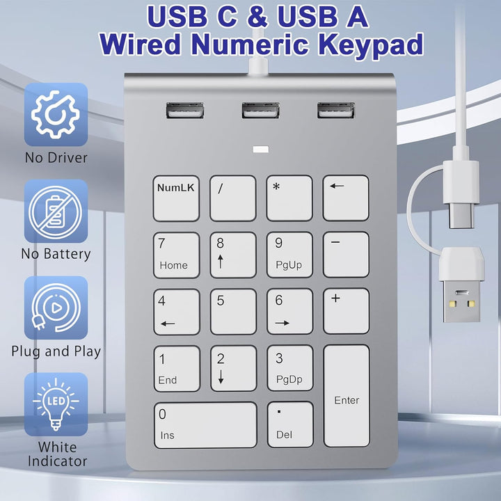 USB C/USB A Numeric Keypad Wired, Ziffernblock Ergonomischer Mini Nummernblock mit 3 USB 2.0 Ports,