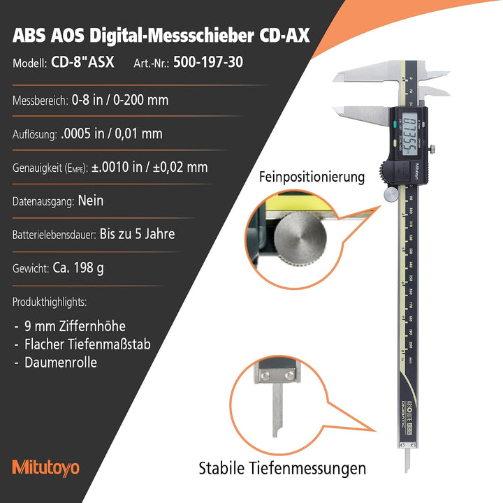 Mitutoyo 500-197-30 Digitaler ABS-AOS-Messschieber Thumb R. ohne Ausgang Standard, Standard