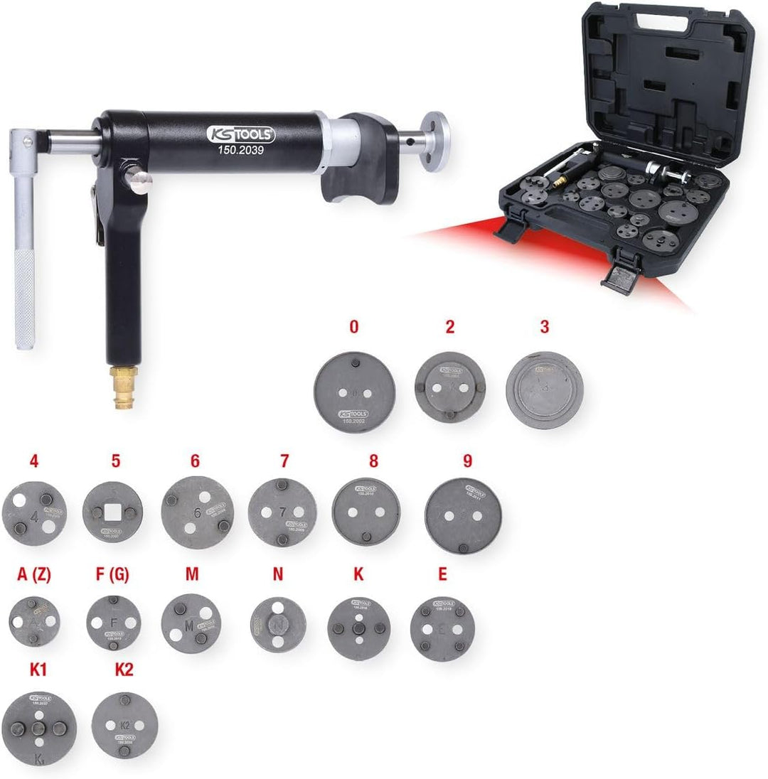 KS Tools 150.2000 Druckluftspindel-Bremskolbenwerkzeug-Satz, 18-tlg.