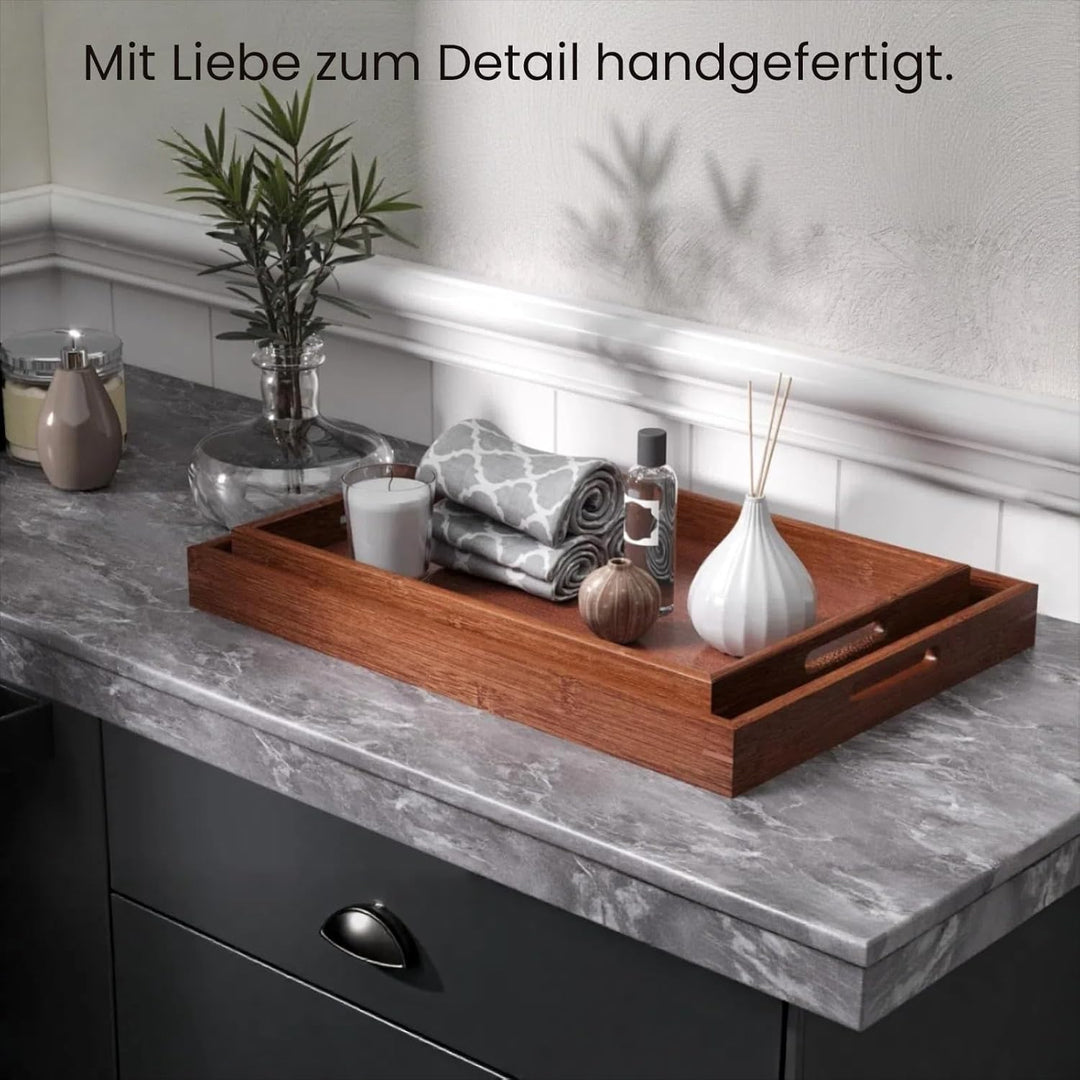 Fibogollo 2er Set Bambus Serviertablett, Deko Tablett Serviertabletts mit Griffen,Gross Küchentablet