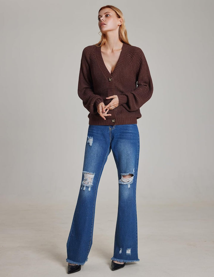 Hotouch Strickjacke Damen Kurz Strick Cardigan V-Ausschnitt Knopfleiste Open Front Sweater Elegant C