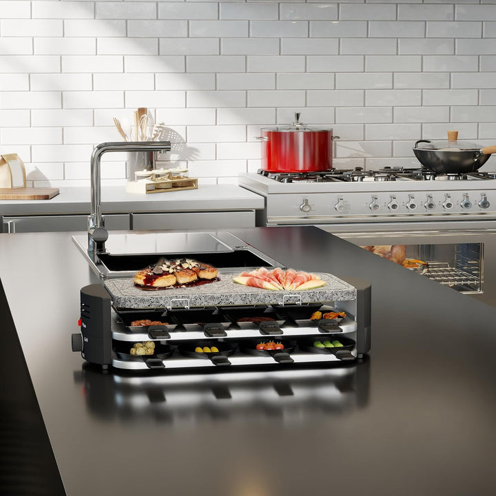 FIVMEN Raclette 8 Personen Raclette Grill 1600W mit 14 Pfännchen, Granitplatte & Antihaftplatte Elec