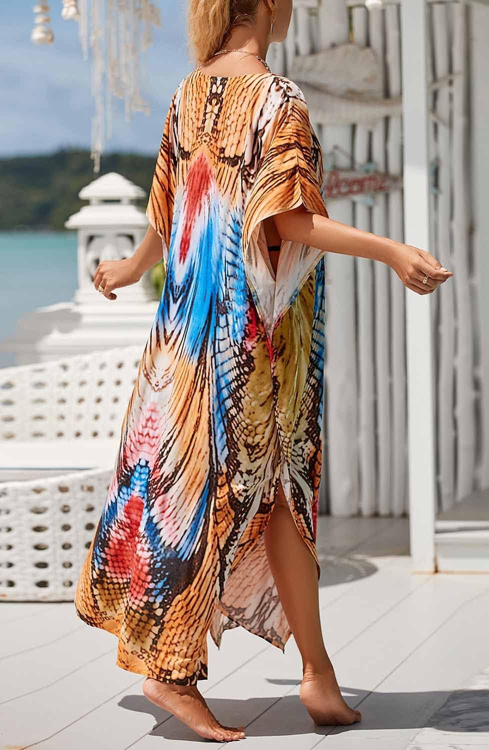 Orshoy Damen Strandkleid Bikini Cover Up V Ausschnitt Kleid Freizeitkleid Sommerkleid Sommer Lang Ma