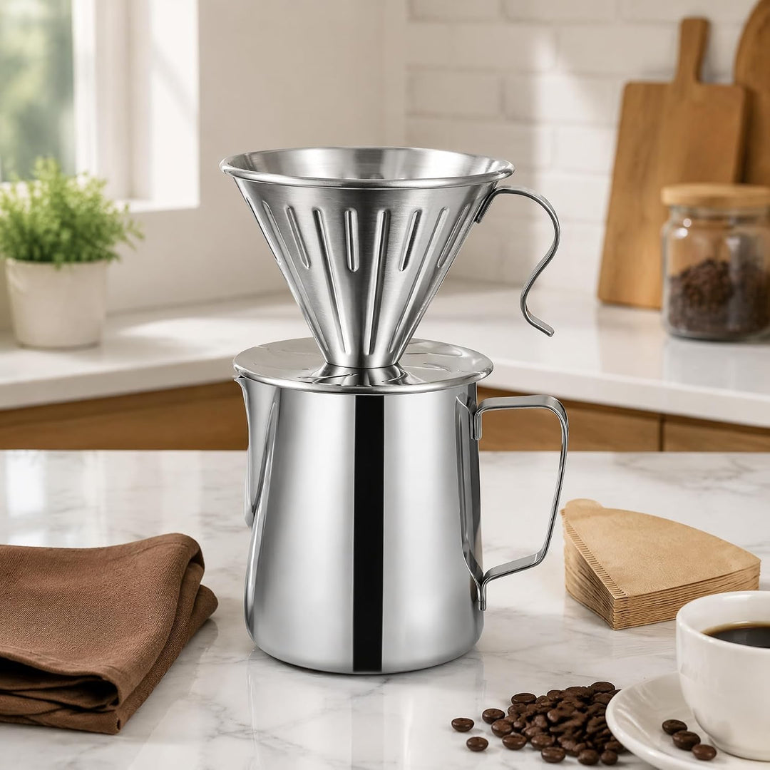 Pour Over Kaffeebereiter Set, Edelstahl, mit kaffeefilterhalter 100 Papierfilter und 600 ml Milchauf
