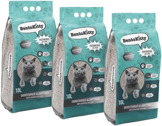 BentoKitty Katzenstreu (30L, 3er Pack) mit Aktivkohle, Klumpend, weiss, feinkörnig, Klumpstreu aus B
