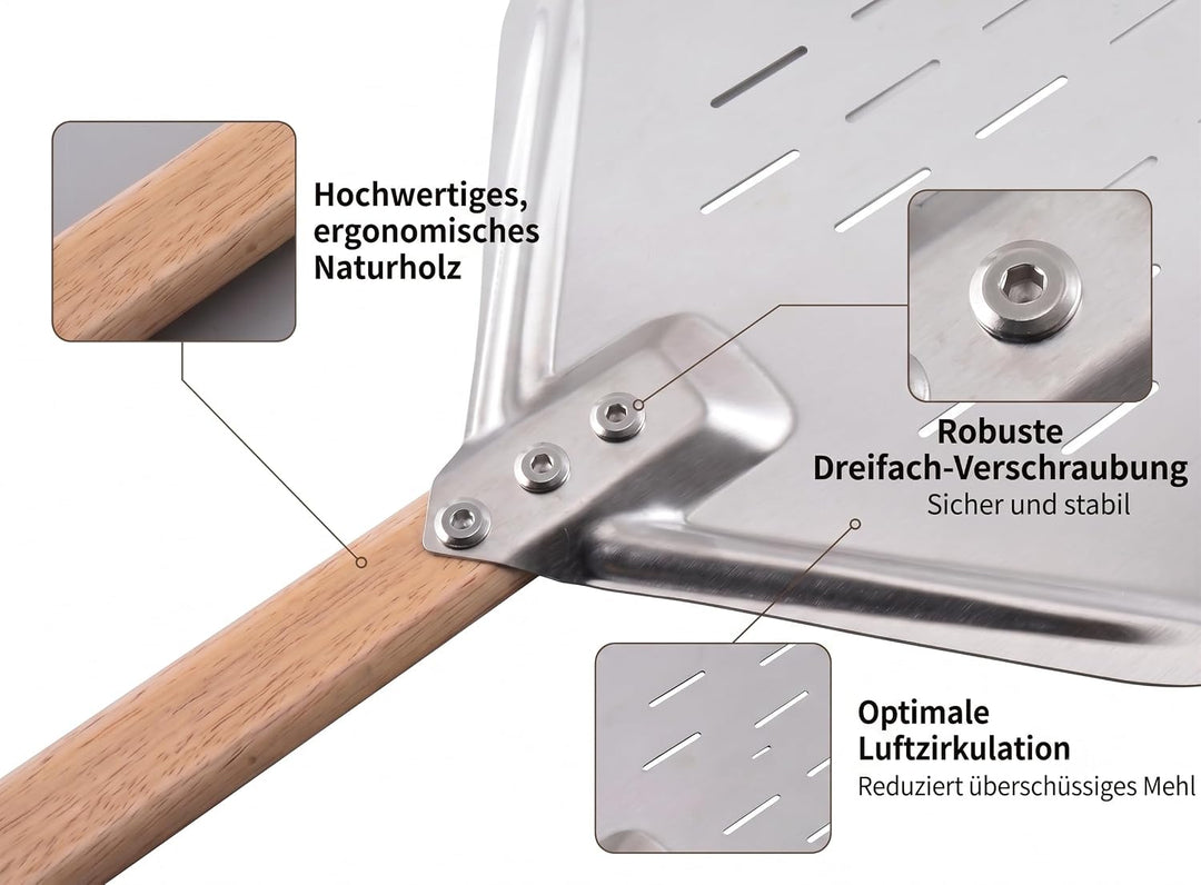 Pizzaschieber perforiert 39.5 * 30 * 70 cm – Aluminium Pizzaschaufel mit abnehmbarem Holzgriff, leic