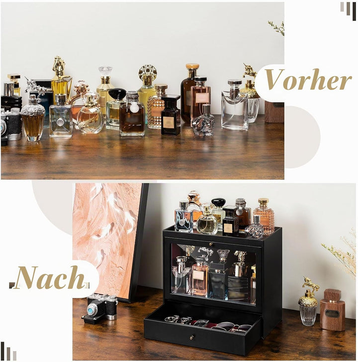 Parfüm Organizer, Leder Herren Parfüm Ständer mit Schublade, Parfüm Regal mit Transparent Sichtbarer