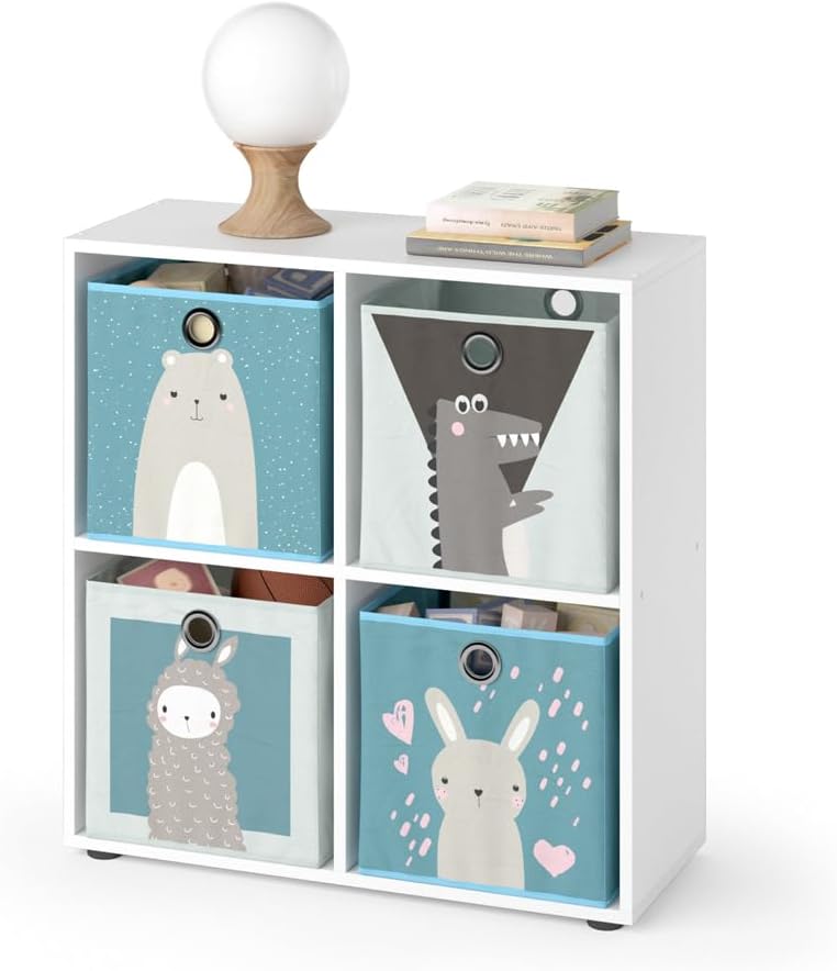 Vicco Kinderregal Tetra, Weiss, 72 x 72.6 cm mit 4 Faltboxen (grau/blau), 4 Fächer Faltboxen: grau,