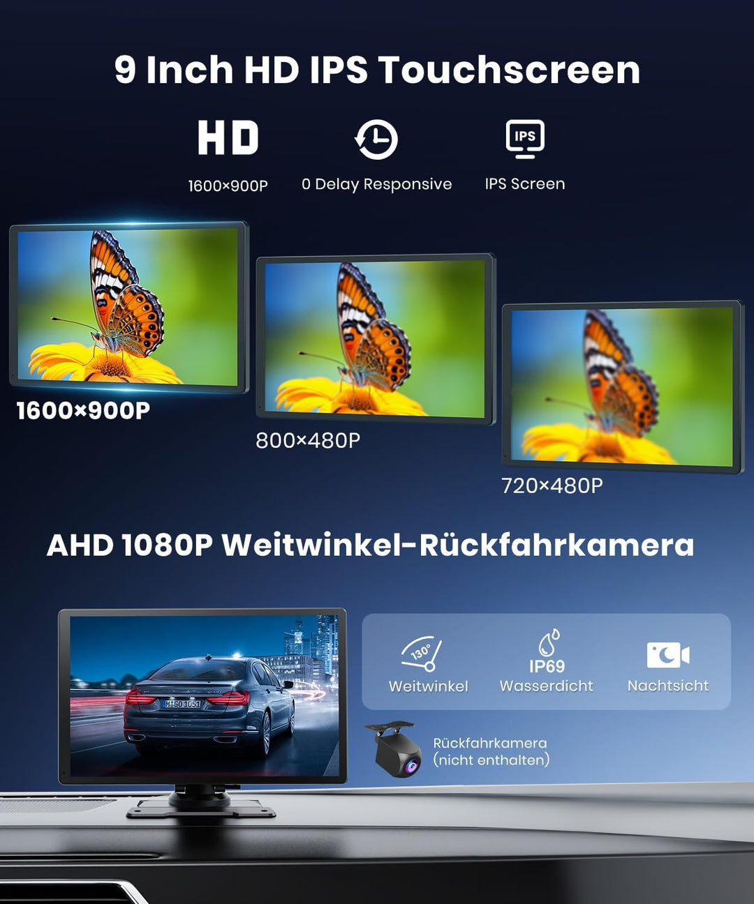Foxpark 9.26-Zoll CarPlay Display mit IPS Touchscreen, kabelloses Apple CarPlay & Android Auto,Bluet