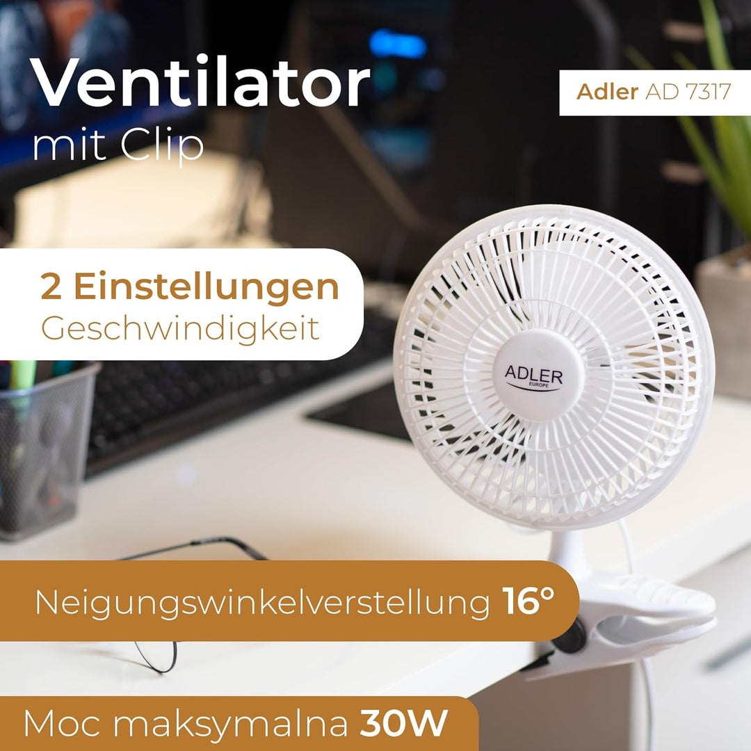 Adler AD 7317 Tischventilator mit Clip, Tragbarer, Klingen Durchmesser 15cm, 2 Geschwindigkeitsstufe