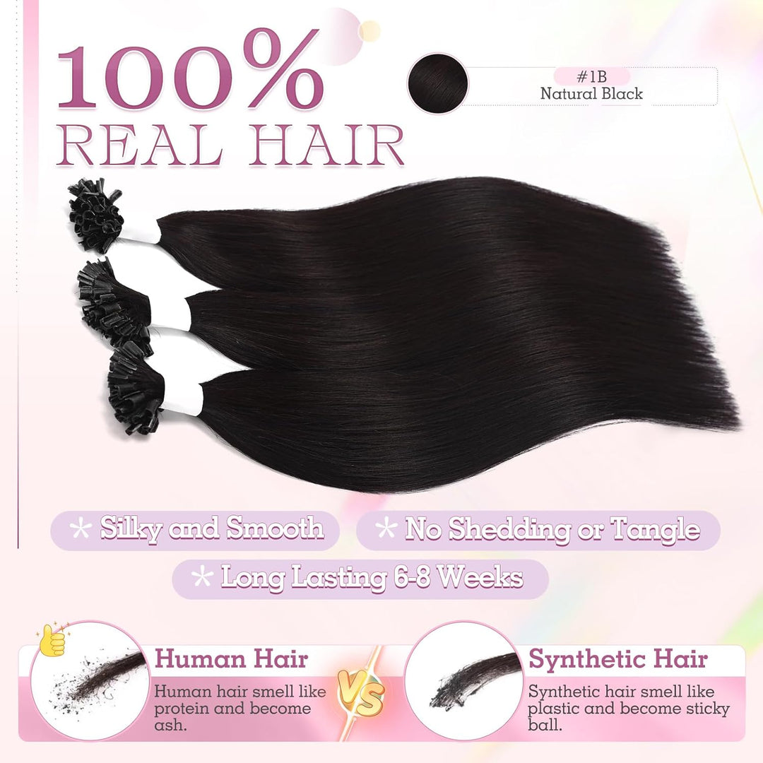 Elailite Bonding Extensions Echthaar Naturschwarz 25 Strähnen 25g Haarverlängerung Glatt U Tip Kerat